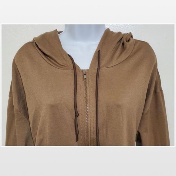 Large Tan Cropped Long Sleeve Hoodie Zip Up Top - Picture 3 of 11